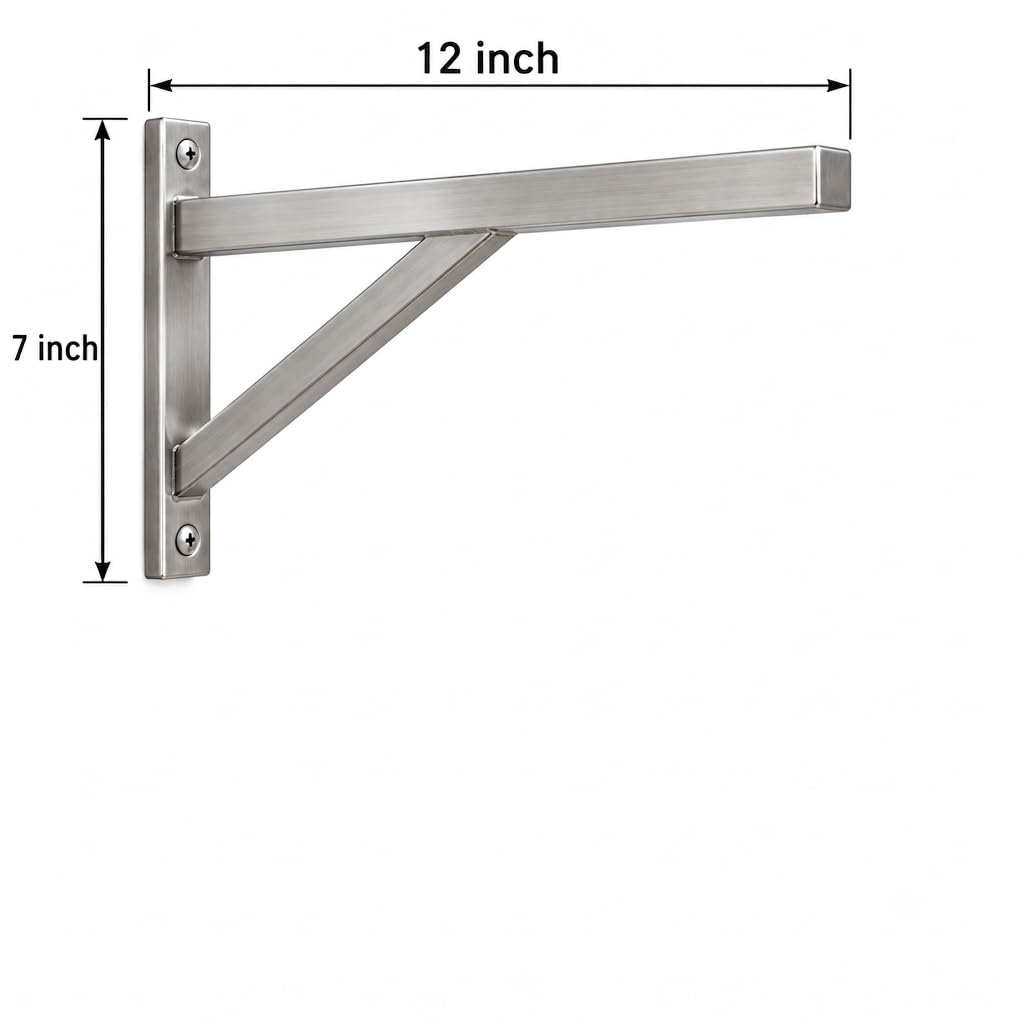 Heavy Duty Stainless Steel Wall Shelf Brackets (12 x 7 Inch) - Set of 2 L Brackets Support for Glass, Wooden & Tile Floating Shelves, Kitchen & Home Wall Mount (Brackets Only)