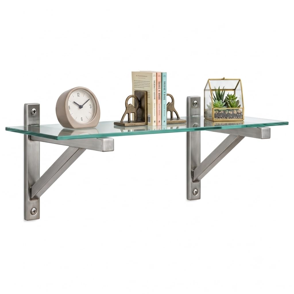 Heavy Duty Stainless Steel Wall Shelf Brackets (12 x 7 Inch) - Set of 2 L Brackets Support for Glass, Wooden & Tile Floating Shelves, Kitchen & Home Wall Mount (Brackets Only)