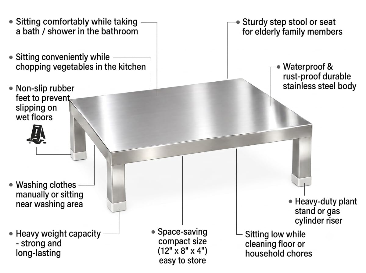 Heavy Duty Stainless Steel Chowki/Pida for Home, Kitchen & Temple (12x8x4 Inch) | Premium Stainless Steel Peeda/Sitting Chowki