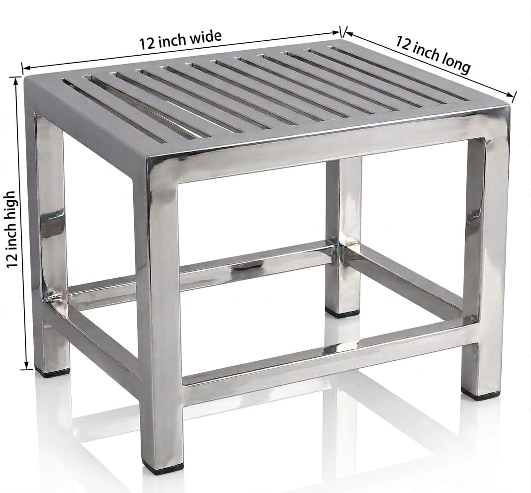 Stainless Steel Bath Stool for Bathroom & Kitchen (12 x 12 x 12 Inch) | Heavy Duty Anti-Rust Metal Small Foot Rest Bench with Rubber Feet