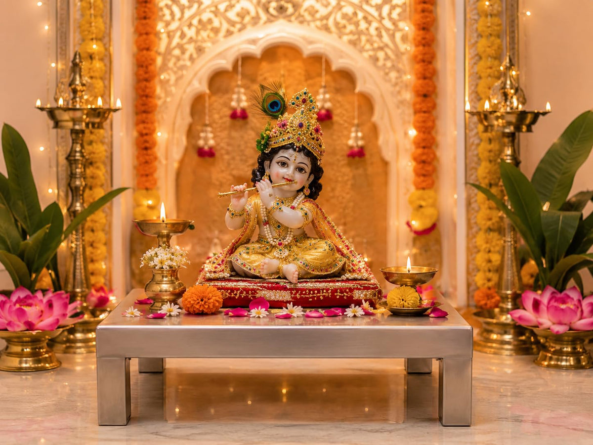 Stainless Steel Puja Chowki 16 x 16 x 6 Inch | Heavy Duty Mandir Chowki for Home Temple | Pooja Stand for God Idol, Radha Krishna Murti & Religious Ceremonies | Rust Resistant Steel Bajot