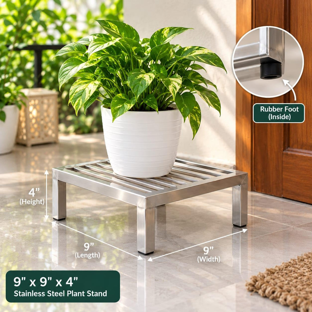 Stainless Steel Plant Stand for Indoor & Outdoor | Heavy Duty Metal Pot Holder & Flower Pot Stand for Home, Balcony & Garden (9x9x4 Inch, Silver)