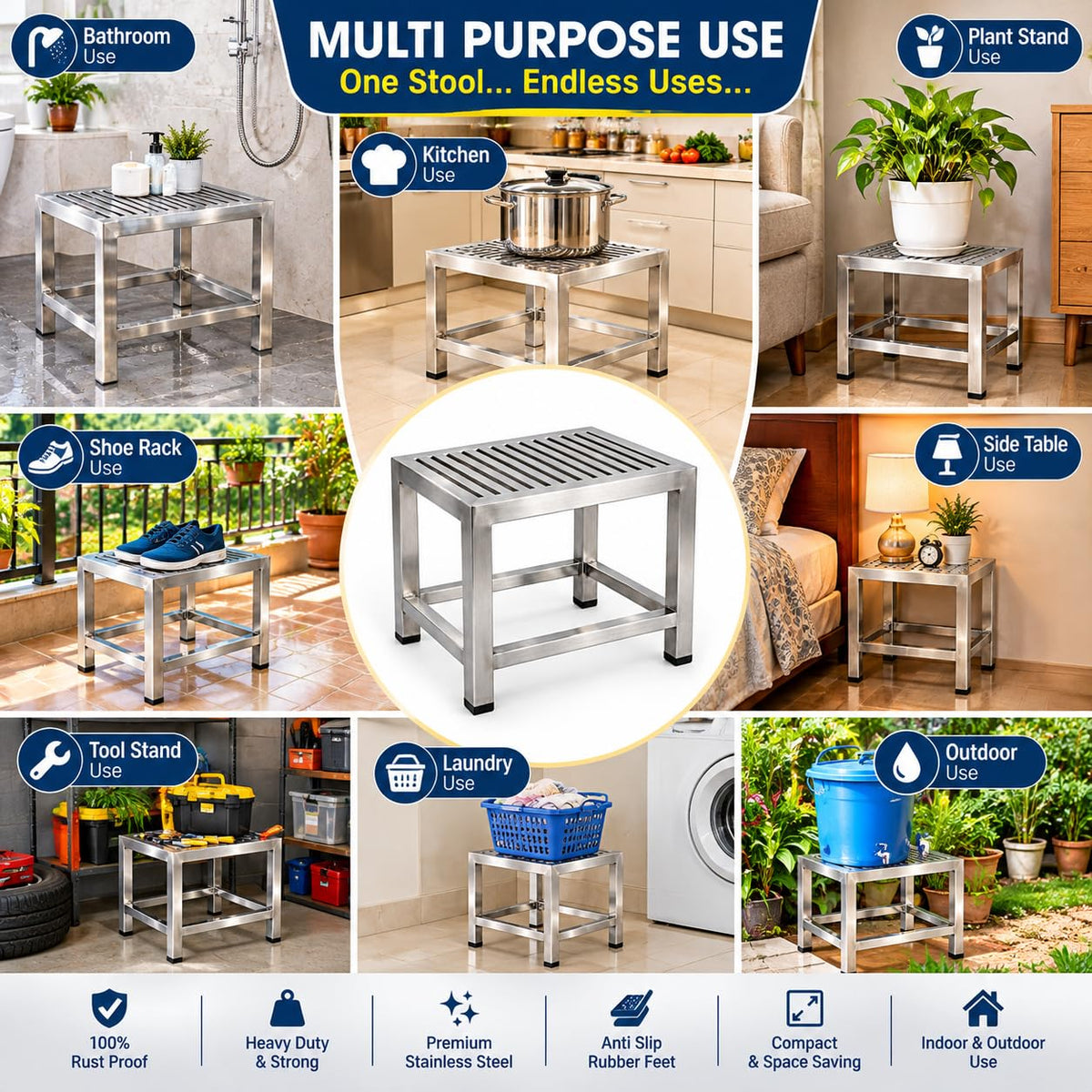 Stainless Steel Low Stool, Multipurpose Bathroom Kitchen Home Use Size (12x8x7) inch