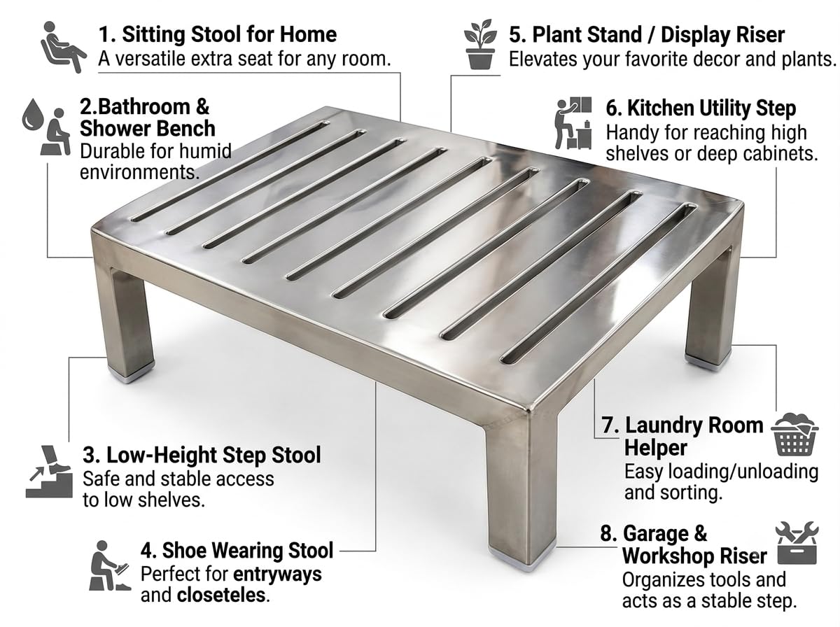 Stainless Steel Chowki for Kitchen & Puja (12x8x4 Inch) | Heavy Duty Stainless Steel Pida/Peeda for Sitting | Rust Proof Small Steel Pattiya/Sitting Platform