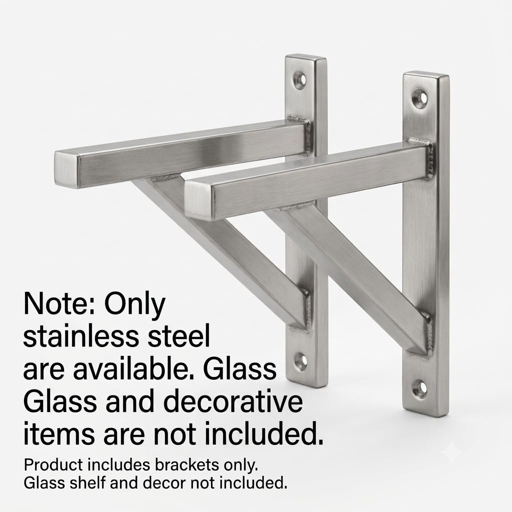 Heavy Duty Stainless Steel Wall Shelf Brackets (12 x 7 Inch) - Set of 2 L Brackets Support for Glass, Wooden & Tile Floating Shelves, Kitchen & Home Wall Mount (Brackets Only)