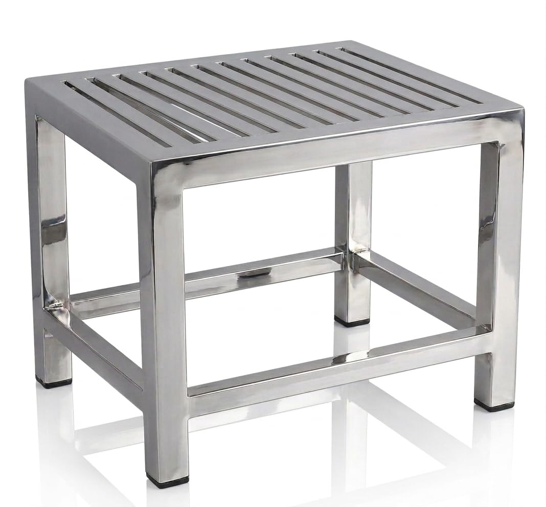 Stainless Steel Bath Stool for Bathroom & Kitchen (12 x 12 x 12 Inch) | Heavy Duty Anti-Rust Metal Small Foot Rest Bench with Rubber Feet