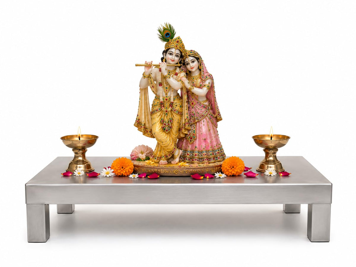 Stainless Steel Puja Chowki 16 x 16 x 6 Inch | Heavy Duty Mandir Chowki for Home Temple | Pooja Stand for God Idol, Radha Krishna Murti & Religious Ceremonies | Rust Resistant Steel Bajot