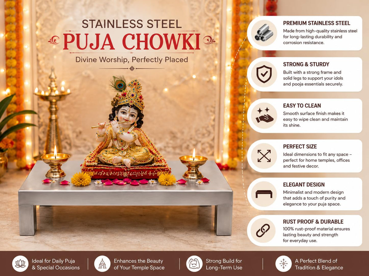 Stainless Steel Puja Chowki 16 x 16 x 6 Inch | Heavy Duty Mandir Chowki for Home Temple | Pooja Stand for God Idol, Radha Krishna Murti & Religious Ceremonies | Rust Resistant Steel Bajot