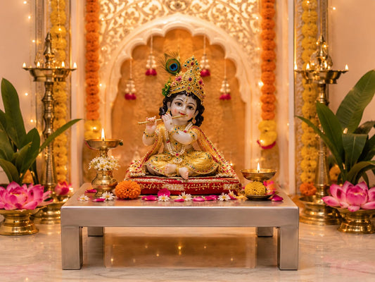 Stainless Steel Puja Chowki 12 x 12 x 4 Inch | Heavy Duty Mandir Chowki for Home Temple | Pooja Stand for God Idol, Radha Krishna Murti & Religious Ceremonies | Rust Resistant Steel Bajot