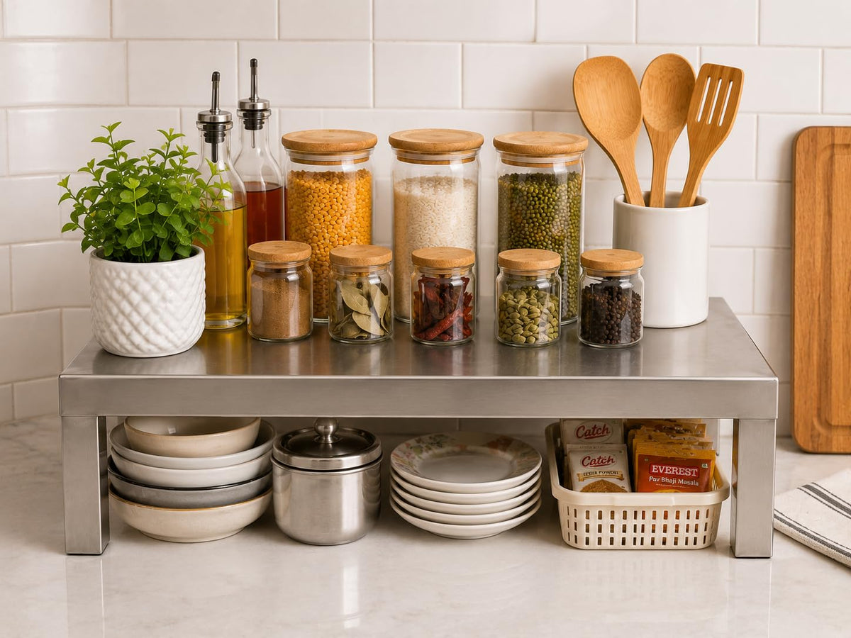 Multipurpose Stainless Steel ka pida Stand 16 x 16 x 6 Inch | Kitchen Counter Organizer Rack Steel Storage Riser for Spice Jars, Utensils, Idols & Home Organization