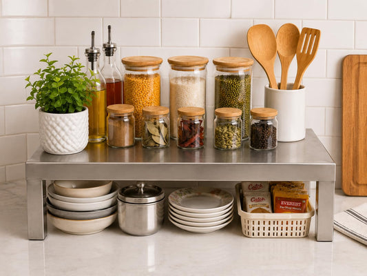 Multipurpose Stainless Steel ka pida Stand 16 x 16 x 6 Inch | Kitchen Counter Organizer Rack Steel Storage Riser for Spice Jars, Utensils, Idols & Home Organization