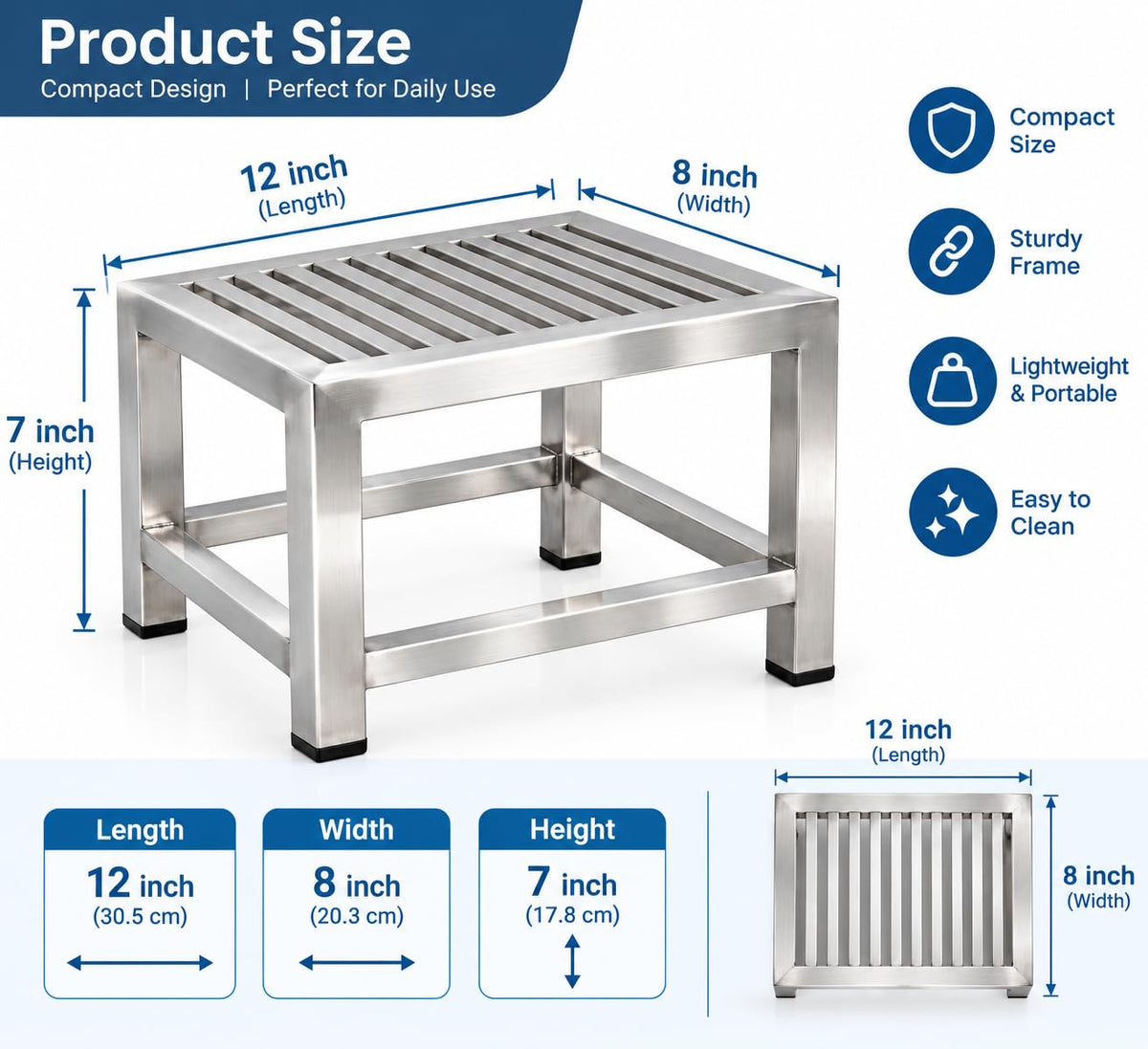Stainless Steel Low Stool, Multipurpose Bathroom Kitchen Home Use Size (12x8x7) inch
