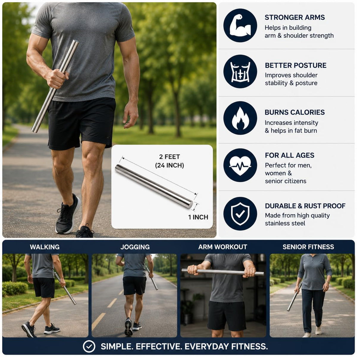 Steel Danda 2 Feet Long | Stainless Steel Walking & Exercise Rod | Heavy Duty Fitness Bar for Walking, Workout, Jogging & Daily Carry | Silver