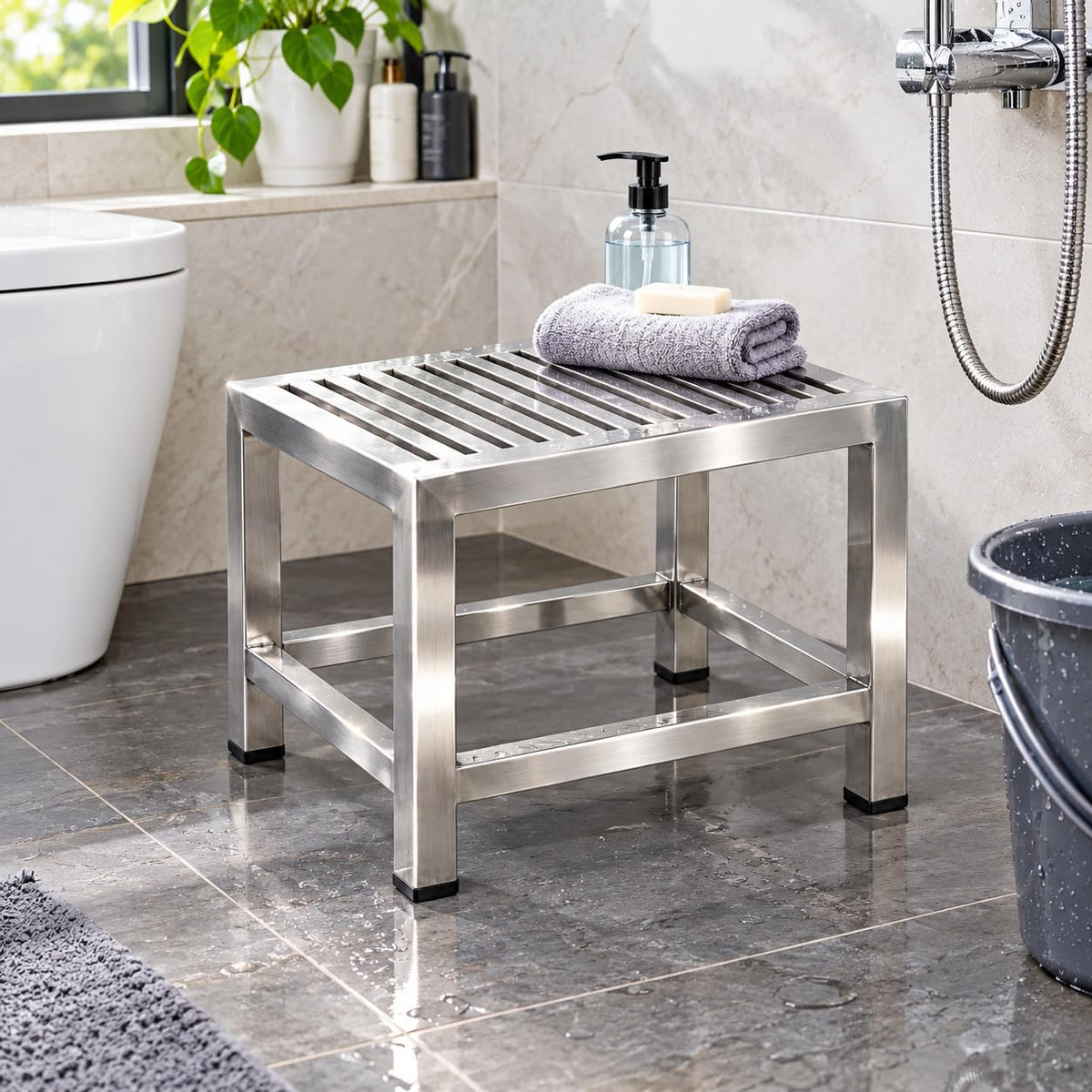 Stainless Steel Bath Stool for Bathroom & Kitchen (12 x 12 x 12 Inch) | Heavy Duty Anti-Rust Metal Small Foot Rest Bench with Rubber Feet