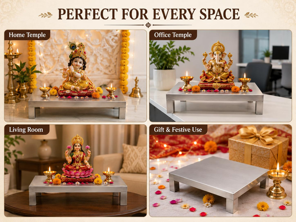 Stainless Steel Puja Chowki 16 x 16 x 6 Inch | Heavy Duty Mandir Chowki for Home Temple | Pooja Stand for God Idol, Radha Krishna Murti & Religious Ceremonies | Rust Resistant Steel Bajot