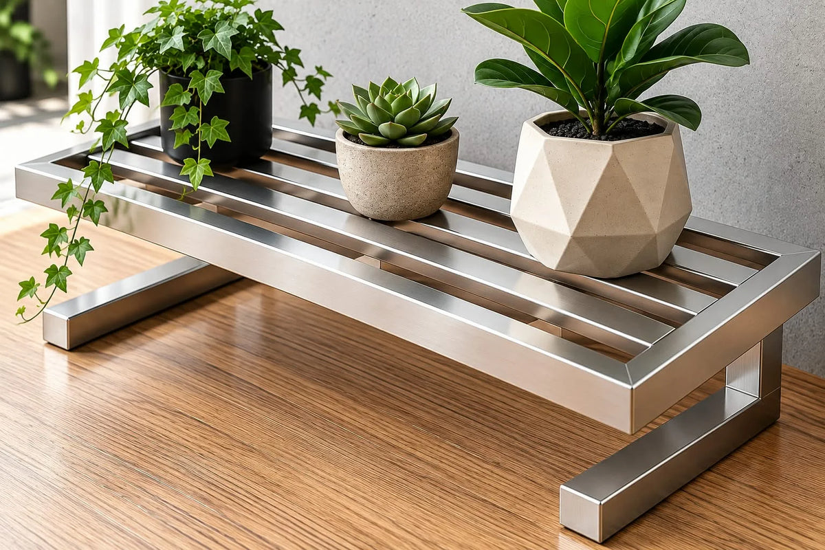 Stainless Steel Plant Stand for Heavy Duty Pots (24x8x4 Inch) | Rustproof Metal Bench Floor Rail Balcony Flower Pot Holder | Floor Protector Indoor Outdoor Planter Display Rack
