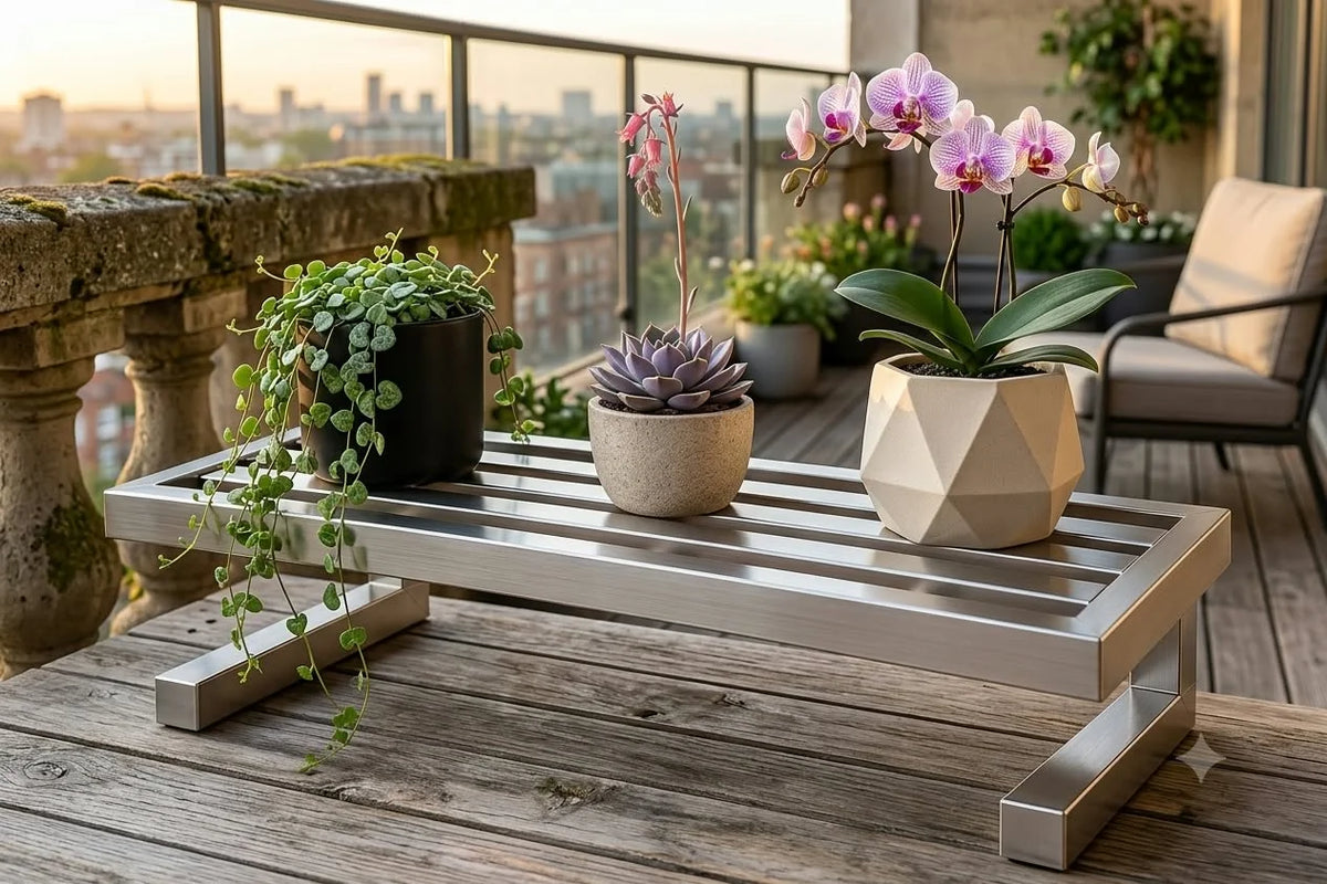 Stainless Steel Plant Stand for Heavy Duty Pots (24x8x4 Inch) | Rustproof Metal Bench Floor Rail Balcony Flower Pot Holder | Floor Protector Indoor Outdoor Planter Display Rack